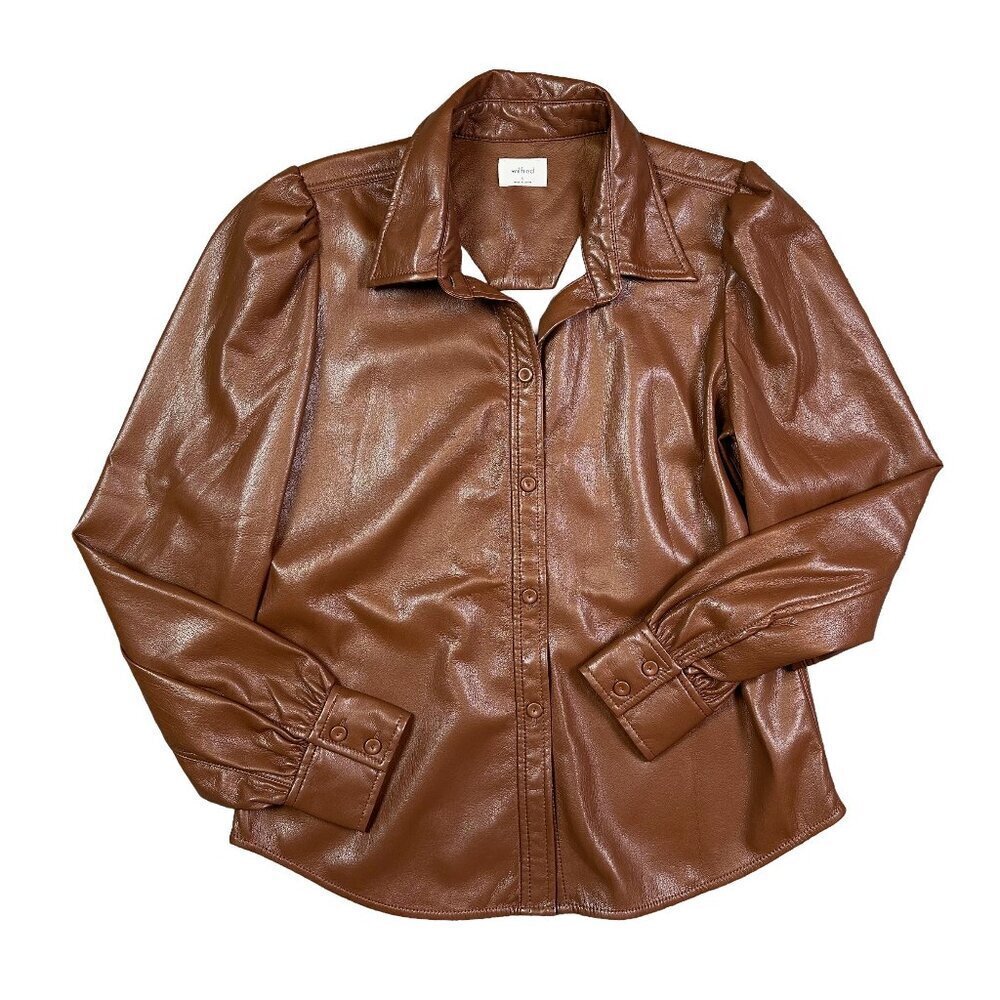 Aritzia Wilfred Mila Vegan Leather Puff Sleeve Button Down Shirt Small Brown